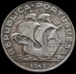 Portugal - 1943 - 5 Escudos - Prata 0.650, 7g,  25mm - RARA - A mais difícil da série.