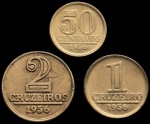 Brasil - 3 moedas 1956 - 50 Centavos, 1 Cruzeiro e 2 Cruzeiros - Módulo reduzido.