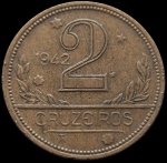 Brasil - 1942 - 2 Cruzeiros - Bronze-alumínio - 25mm, 8gr - praticamente a mesma tiragem da moeda de 1956, porém 14 anos mais antiga, sendo assim mais rara que a de 1956.