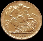 Inglaterra - 1916 - 1 libra - São Jorge com dragão - Ouro 0.917, 7.99g, 22.05mm.