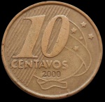 Brasil - 2000 -10 Centavos - Aço com revestimento de Latão, 4.8 Gr - 20 mm