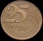 Brasil - 2000 - 25 Centavos - Aço com revestimento de Latão, 7.55 Gr - 25 mm