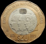 Mexico - 2021 - 20 Pesos - Bimetálica, 12.67 Gr -  30mm -200 anos de independência