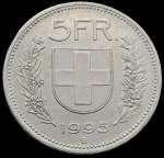 Suiça - 1995 - 5 Francos - Cupro-Níquel, 13.2 Gr - 31mm