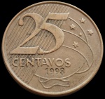 Brasil - 1998 - 25 Centavos - Aço com revestimento de Latão, 7.55 Gr - 25 mm