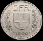 Suiça - 1999 - 5 Francos - Cupro-Níquel, 13.2 Gr - 31mm