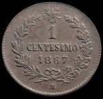 Itália - 1867 - 1 Centésimo -  Letra ( M ) - Cobre - 1Gr -  15 mm