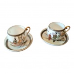 COLECIONISMO - Duas xícaras para café em porcelana oriental decoradas com cenas e personagens com trajes típicos, fundo com delicado trabalho de litofânia, 1 pires com bicado.