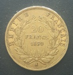 FRANÇA - MOEDA EM OURO DE 20 FRANCOS DE 1859 COM 6.45g e 21mm