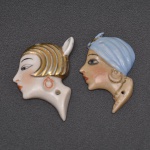 Coleção - par de máscaras de porcelanas, cabeças Art deco. 4x3,5 cm