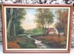 Quadro com assinatura canto inferior direito G. NEUHUSSE apresenta uma paisagem rural serena. No centro, há um riacho que flui, ladeado por vegetação e árvores com diferentes tons de verde e marrom, sugerindo diferentes estações ou tipos de folhagem. No lado direito, há uma pequena casa branca com telhado marrom próxima a uma cerca. O céu é pintado com suaves tons de azul e branco, indicando que pode ser o amanhecer ou o entardecer. A assinatura do artista é visível no canto inferior esquerdo, mas não está claramente legível nesta imagem. Este quadro pode ser interessante ou relevante por sua serena representação da natureza, potencial valor histórico, estilo artístico ou como exemplo de arte paisagística. Aprox. 40 x 30 cm. Detalhes conforme fotos, _(ºLº)_ Caso necessite, tire todas suas dúvidas via atendimento personalizado por WhatsApp: (11) 98681-9377 ou pelo e-mail: contato@antiguera.com.br, onde você pode solicitar fotos detalhadas. Não deixe para última hora! Antecipadamente agradecemos pelo seu lance. Sem garantias futuras