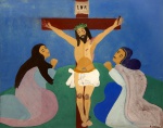 Djanira da Motta e Silva, dita Djanira (1914-1979). A VIRGEM MARIA E MARIA MADALENA JUNTO À CRUZ DE CRISTO. Década de 1960. Guache sobre cartão. 43 x 55 cm (mi); 77 x 90 cm (me). Assinado no cid. Proteção de vidro. Protegido por antiga moldura, possivelmente Kaminagai. Emolduramento de fácil desmontagem, para eventual acesso à obra.