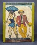 Míriam Inês da Costa Silva Cerqueira, dita Mirian (1939-1996). CASAL COM CACHORRO. 1974. Óleo sobre madeira. 18 x 14 x 2 cm. Assinada e datada no cid.