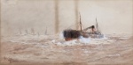 William Henry Pearson (Inglaterra, 1849-1923). OFF THE TYNE. 1910. Aquarela sobre papel. 24 x 48 cm (mi); 46 x 70 cm (me). Assinada e localizada no cie. Duas indesejáveis marcas verticais no centro, superior. Leia mais: Tyne é o nome de um grande e caudaloso rio localizado na região Nordeste da Inglaterra. Possui 118 km e deságua num grande estuário no Mar do Norte. Raridade.