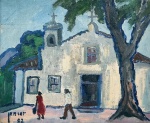 João Batista de Paula Fonseca Junior, dito Junior (1917-?). IGREJA COM FIGURAS. 1982. Óleo sobre tela. 48 x 59 cm (mi); xx x xx cm (me). Assinado e datado no cie e no verso.