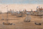 Editor desconhecido, Augsburg, Alemanha, 1780 C. Gravura em metal aquarelada apresentando perspectiva "Prospect von London", por Joseph Carmine. Texto na base: "A View of the South East Prospect of London from the Tower to London Bridge/Ansicht von London von der Sud-West Seite des Thurms (Citadelle) bis zur Londner Brucke/Vue de Londres sur du Cote du Sud-Est Depuis la Tour Jusqu' au Pont de Londres / Augsburg bey Ios. Carmine. Título Prospect von London impresso invertido. Medidas: 27 x 40 cm (imagem); 41 x 49 cm (suporte); 47 x 54 cm quadro). Papel amarelado. Manchas do tempo. Moldura com lascado. Este tipo de vista em perspectiva foi desenvolvido especificamente para criar a ilusão de profundidade quando observada no aparelho conhecido como zograscópio.