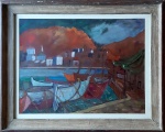 Michele Cascella (1892-1989). PAISAGEM COM CASARIO E BARCOS. Guache sobre papel. 42 x 55 cm (mi); 57 x 71 cm (me). Assinado M. Cascella (cie). Conhecido principalmente por suas pinturas e aquarelas, Cascella também trabalhou com cerâmica, litografia e tecidos. Tendo exposto regularmente na Bienal de Veneza de 1924 a 1942, suas obras estão nos acervos dos maiores museus da Itália e da Europa, aí incluídos o Victoria and Albert Museum, de Londres, a Galerie Nationale du Jeu de Paume, de Paris, e a Galleria Nazionale d'Arte Moderna, de Roma. Artista citado no Benezit, extremamente valorizado nos leilões internacionais.