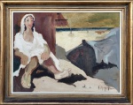 Arlindo Mesquita (1924-1987). MULHER E BARCO JUNTO À PRAIA. Óleo sobre tela. 49 x 63,5 cm (mi); 64 x 79 cm (me). Assinado no cid. Moldura Artefact.