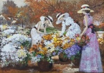 Arnaldo Sinatti (1935-1999). AS AMIGAS COLHENDO FLORES NO JARDIM. Óleo sobre tela. 50 x 70 cm. Assinado no cid e no verso. Titulado no verso.