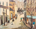 Maurício Machado (Niterói, 1954). MONTMARTRE. Paris, 2004. Óleo sobre tela. 38 x 46 cm (mi); 61 x 68 cm (me). Assinado no cie. Titulado, localizado, assinado e datado no verso. Ricamente emoldurado. Moldura provavelmente produzida pelo grande pintor e moldureiro Tadashi Kaminagai.