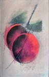 Carlos Scliar (1920-2001). DUAS FRUTAS. Ouro Preto, 1985. Vinil e colagem encerado sobre tela. 27 x 18 cm (mi); 56 x 47 cm (me). Assinado e datado no cid. Assinado, titulado, localizado e datado no verso.