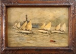 Armando Leite. REGATA E NAVIO DE GUERRA NO RIO DE JANEIRO. Óleo sobre madeira. 27 x 41 cm. Sem assinatura. Rachaduras no cse, conforme ilustrado. Placa na moldura com a inscrição A. LEITE. Ex-libris de Léo Gonçalves Damasio colado no verso. Ricamente emoldurado.