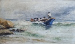 Armando Leite (1879-1952). CANOA NA ESPERA / PESCA DA TAINHA. Niterói, 1948. Óleo sobre madeira. 20 x 34 cm (mi); 31 x 44 cm (me). Assinado no cie. Titulado, localizado, datado e assinado no verso. Moldura em pátina dourada, com perdas. Leia mais: Carioca, Armando Leite foi competente pintor de marinhas, tendo registrado inúmeras e hoje raras cenas do litoral fluminense, especialmente da cidade de Niterói. Sua obra, ainda que impregnada da realidade do dia a dia do homem do mar brasileiro, carrega intenso lirismo e revela profundo domínio técnico.