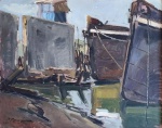 Roberto Paragó (1941-1996). BARCOS. 1985. Óleo sobre Eucatex. 38 x 46 cm (mi); 55 x 63 cm (me). Assinado e datado no cie.