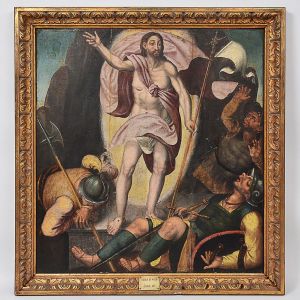 <b>Escola de Viseu</b><Br>Ressurreição de Cristo com Soldados<Br>Óleo s/ madeira<Br>Séc. XVI / XVII <Br>85 x 79 cm