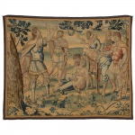 <b>Tapeçaria Aubusson</b>, representando figuras medievais em paisagem de floresta com figura feminina ao centro recaída sobre os braços de guerreiro. Séc. XIX / XX. Med. 126 x 159 cm