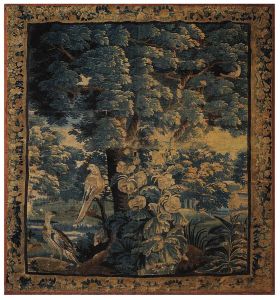 <b>Tapeçaria francesa "Verdure" </b>de Aubusson, representando paisagem florestal com aves tropicais. Séc. XVIII. Med. 280 x 227 cm