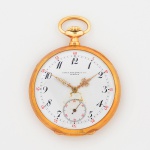 <b>PATEK PHILIPPE  Relógio de bolso </b>em ouro amarelo 18k, mostrador branco, assinado, com algarismo Breguet e ponteiros Luis XV em ouro. Corda manual. Década 1890, Geneve. Numeração do movimento 170520. Numeração da caixa 275073.