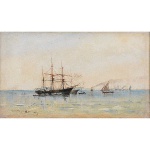 <b>CASTAGNETO, GIOVANNI BATTISTA</b><br>(1851-1900)<br>No Ancoradouro<br>Óleo s/ tela<br>Ass. e datado 89, cie<br>16 x 26,5 cm