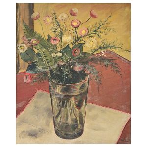 <b>TENREIRO, JOAQUIM </b><br>(1906-1992)<br>Flores<br>Óleo s/ madeira<br>Ass. e datado 946, cid<br>Ass. e titulado no verso<br>46 x 38 cm