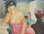 <b>DI CAVALCANTI, EMILIANO</b><br>(1897-1976)<br>Mulher Mascarada<br>Óleo s/ tela<br>Ass. e datado 67 cid <br>Apresenta no verso, selo do Museu de Arte Moderna de São Paulo, retrospectiva Di Cavalcanti 1971<br>73 x 92 cm