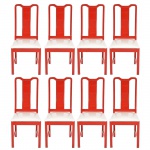 <b>Conjunto de 8 cadeiras</b> chinesas em madeira laqueada de vermelho. Assentos estofados em curvim areia e pernas retilíneas unidas por travessões laterais. Alt. 106 cm
