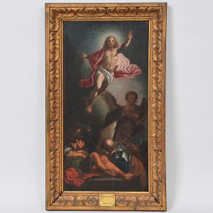 <b>Escola Portuguesa</b> <br>Ressurreição de Cristo com Anjos e Soldados <br>Séc. XVIII<br>Óleo s/ madeira <br>68 x 36 cm