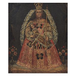 <b>Escola Hispano Americana</b> <br>Nossa Senhora com o Menino <br>Óleo s/ tela <br>Moldura em madeira <br>Séc. XVIII <br>50 x 42 cm