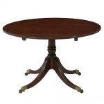 <b>Mesa </b>circular inglesa, em mogno, dita "breakfast table". Apresenta tampo filetado de negro sobre coluna anelada, pernas recurvadas e pés em garras de bronze sobre rodinhas. Período vitoriano. Alt. 73,5 cm; Diâm. 115 cm