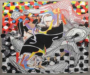 <b>FRANK STELLA</b> <br>(1936) <br>"The Whale Watch" <br>Impressão em "silk" sobre crepe da China <br>Ass. e datado 94, no centro inferior <br>133 x 133 cm