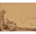 <b>KARL ROBERT EDLER VON DER PLANITZ, dito Barão de Planitz</b> <br>(1804-1843) <br>Première Vue Générale de la Ville de Rio de Janeiro - Prise du Fort de lIsle das Cobras  <br>Sépia s/ papel colado em cartão <br>Circa 1835-1840 <br>Reproduzida no livro "Gilberto Ferrez, Catálogo Analítico da Iconografia do Rio de Janeiro, 1530-1890", pág. 472-474, sob nº 3021.<br>49,5 x 59,1 cm