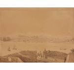 <b>KARL ROBERT EDLER VON DER PLANITZ, dito Barão de Planitz</b> <br>(1804-1843) <br>Deuxième Vue Générale de la Ville de Rio de Janeiro - Prise du Fort de lIsle das Cobras <br>Sépia s/ papel colado em cartão <br>Circa 1835-1840 <br>eproduzida no livro "Gilberto Ferrez, Catálogo Analítico da Iconografia do Rio de Janeiro, 1530-1890", pág. 472-474, sob nº 3022.<br>49,2 x 59,2 cm