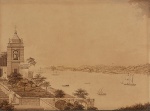 <b>KARL ROBERT EDLER VON DER PLANITZ, dito Barão de Planitz</b> <br>(1804-1843) <br>Première Vue de la Partie Occidentale de la Ville de Rio de Janeiro - Prise de la Chapelle de N. D. da Saúde <br>Sépia s/ papel colado em cartão <br>Circa 1835-1840 <br>eproduzida no livro "Gilberto Ferrez, Catálogo Analítico da Iconografia do Rio de Janeiro, 1530-1890", pág. 473, sob nº 3023.<br>49,1 x 58,8 cm