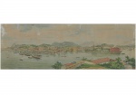 <b>ENRIQUE CASANOVA</b> <br>(1850-1913) <br>Vista do Rio de Janeiro Tomada da Ilha das Cobras <br>Litografia aquarelada <br>Ass. e datada 1883, cie <br>40 x 116 cm