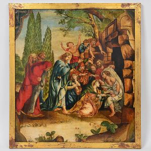 <b>Escola Europeia</b> <br>Cena Religiosa <br>Óleo s/ madeira <br>Séc. XVIII<br>64 x 50 cm