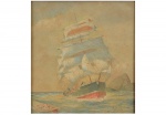 <b>EDOARDO DE MARTINO</b> <br>(1836-1912) <br>Escola Italiana <br>Caravela com Pão de Açúcar <br>Guache <br>Ass. cid <br>29 x 27 cm