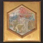 <b>CESARE SACCAGGI </b>- Escola Italiana - Mulher Pensante. Pintura em azulejo hexagonal com moldura em madeira dourada. Ass. cid. Marca do fabricante da cidade de Torino no verso. Med. sem moldura 16 x 14 cm; Med. com moldura 22 x 20 cm