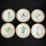 <b>Conjunto de 6 pratos de sopa </b>em porcelana dinamarquesa da importante manufatura Royal Copenhagen modelo "Flora Danica". Cada peça, inteiramente pintada à mão em belíssima policromia com suas designações botânicas e numeração no verso. Apresentam bordas em mínimos picotados cobertos a folha de ouro. Diâm. 25 cm