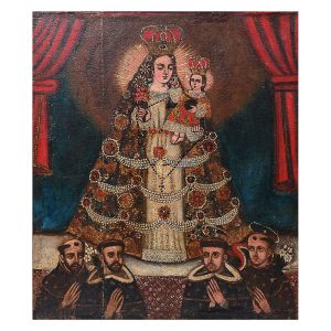 <B>Escola Cusquenha</B><br>Nossa Senhora do Rosário<br>Óleo s/ tela<br>Séc. XIX<br>63,5 x 55 cm