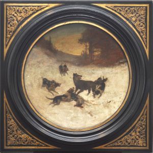 <b>Paisagem invernal </b>europeia com cães e lobo. Pintura em placa de porcelana. Montagem em moldura de madeira entalhada. Séc. XIX. Diâm. 57 cm